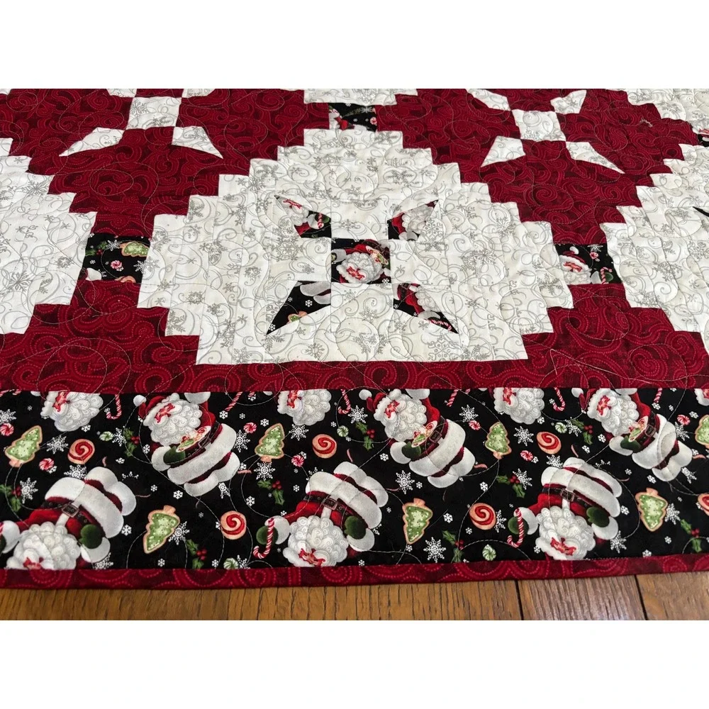 Vintage Handmade Sparkling Snowflake/Santa Christmas Quilt 66x66 Red Black Silv